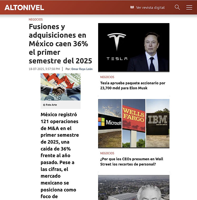 Fusiones y adquisiciones en Mxico caen 36% el primer semestre del 2025